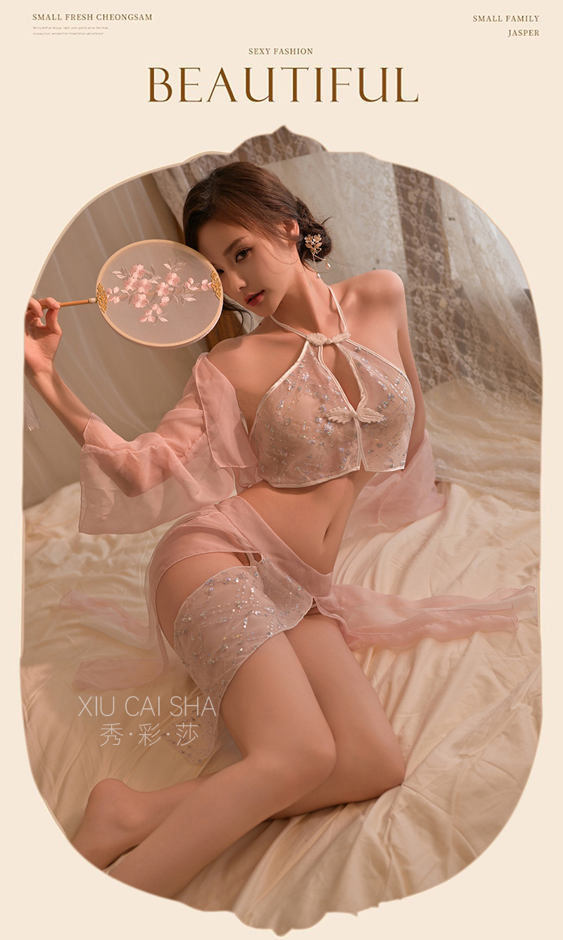 Retro Chinese Hanfu Costume Set with Sequined Bellyband, See-Through Top, Skirt and Thong — detail image 10