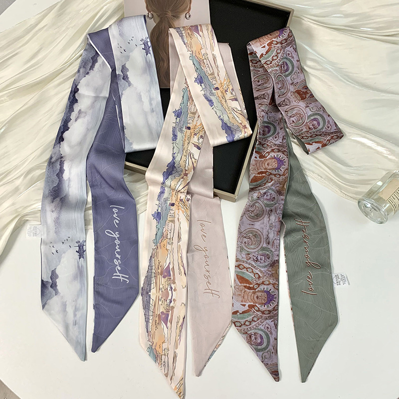 Pañuelo de seda largo y pequeño, cinturón para el cabello de estilo nacional con camisa, bolso atado, pañuelo en la cabeza de todo fósforo, cinturón de bufanda de decoración pastoral femenina de verano