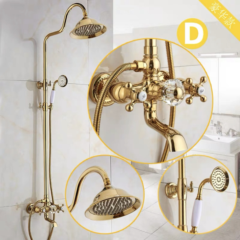 European-Style Golden Shower Antique Shower Set All-Copper Bathroom Hot and Cold Shower Faucet American-Style Gold-Plated