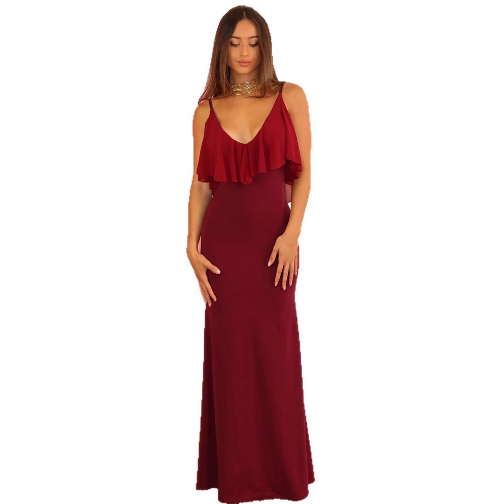Europa y América ropa de mujer 2026 verano nuevo color sólido V-collar collar borde de loto sexy delgado vestido de cadera al por mayor image 5