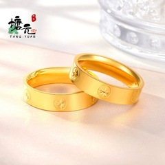 越南沙金光面带钻纹戒指时尚轻奢高级金色素圈指环情侣对戒货源批