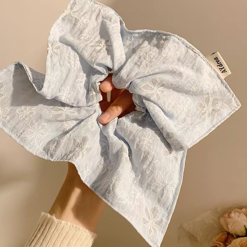 78번# 블루 라인 플라워 스카프 머리끈 - 22cm