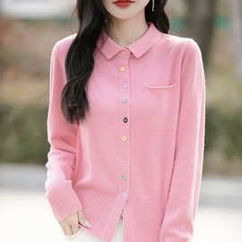 跨境POLO领彩纽扣针织开衫女2025新款长袖外搭显瘦毛衣减龄衬衣打