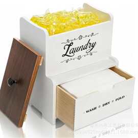 定制跨境木质桌面洗衣凝珠收纳盒 洗衣房翻盖木质多功能收纳盒