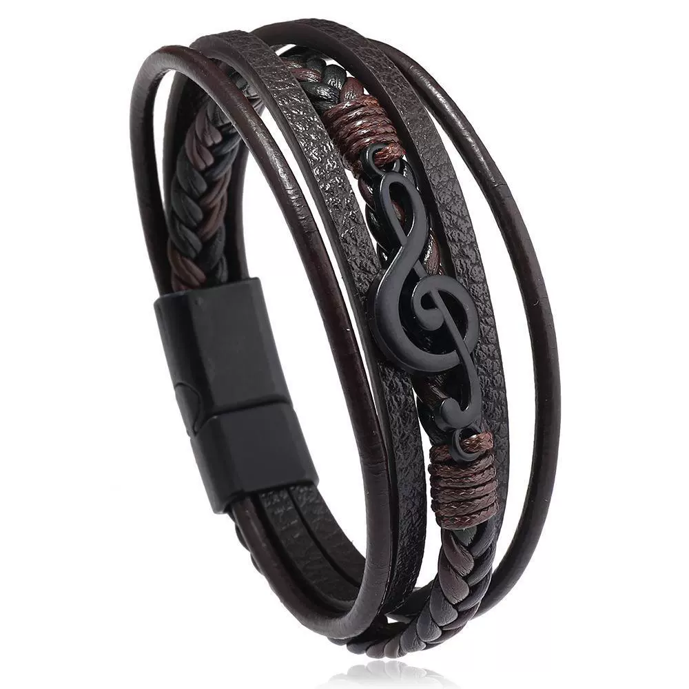 Men's PU Leather Bracelet RH360, Multi-Layer Beaded & Alloy Accents, 21.5 cm