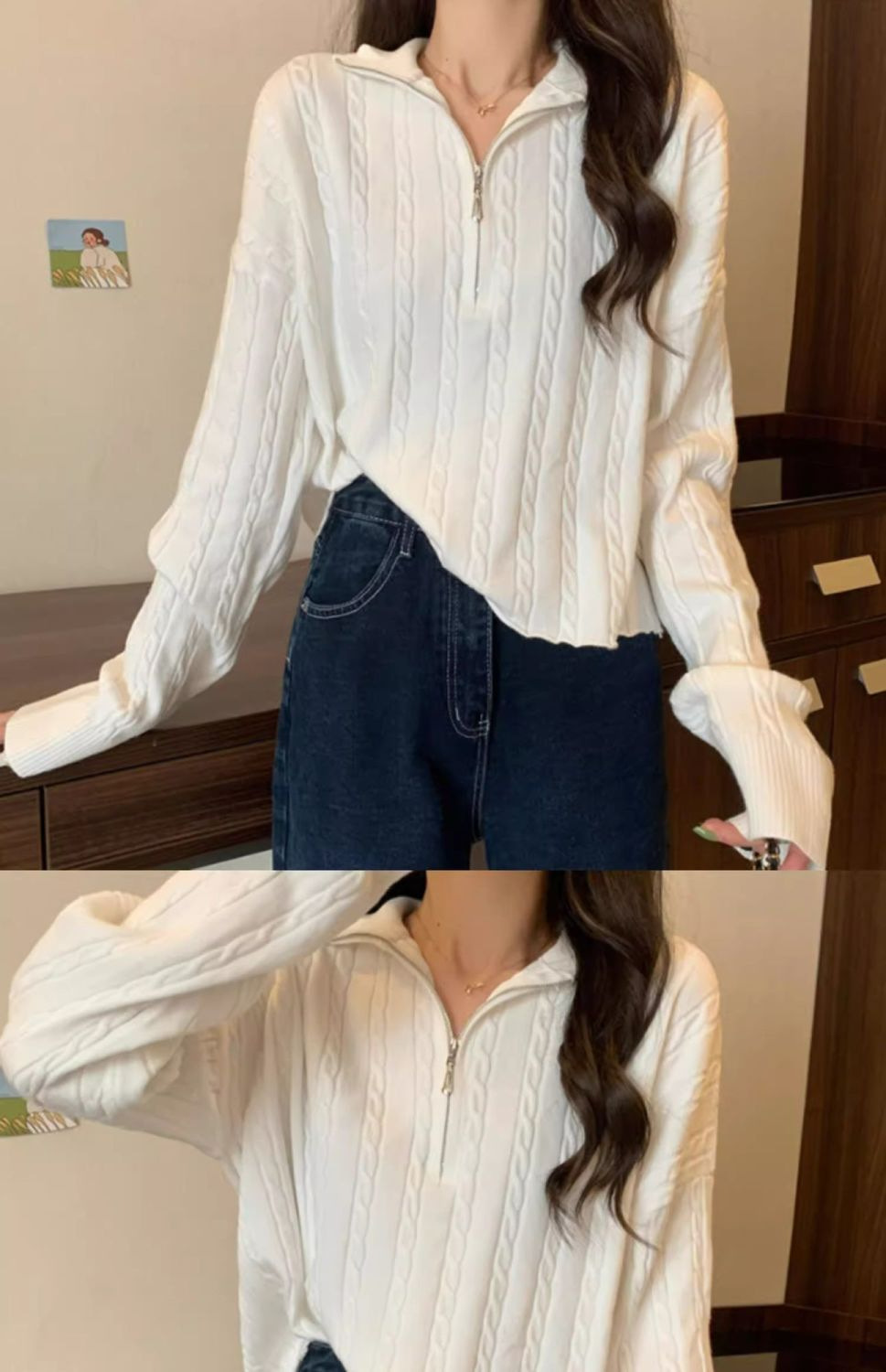 Maglione coreano a maniche lunghe con cerniera e scollo a V a mezza altezza, con fondo corto e piccolo, da donna, autunno_voghion.com