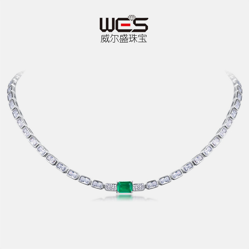 Diseño transfronterizo dedicado a la industria pesada para cultivar el collar de esmeraldas S925 plata con incrustaciones de diamantes cuadrados cadena de clavícula del tesoro estilo europeo y americano