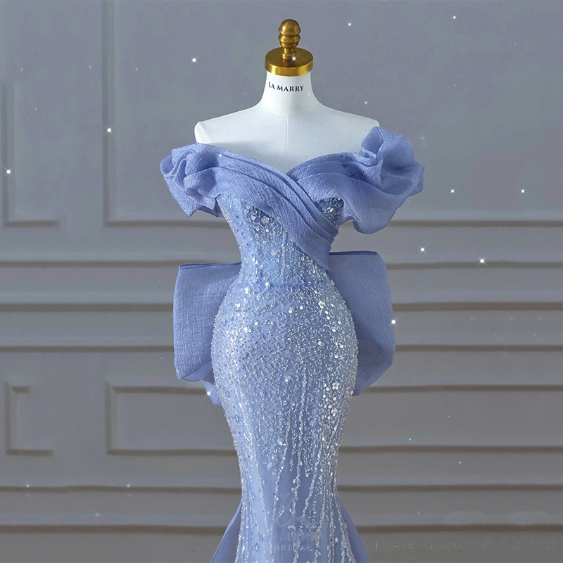 Haze Azul vestido de anfitrión trabajo pesado con cuentas vestido de sirena Luz de lujo de gama alta vestido de tostadas Reunión Anual Halter modelo pasarela
