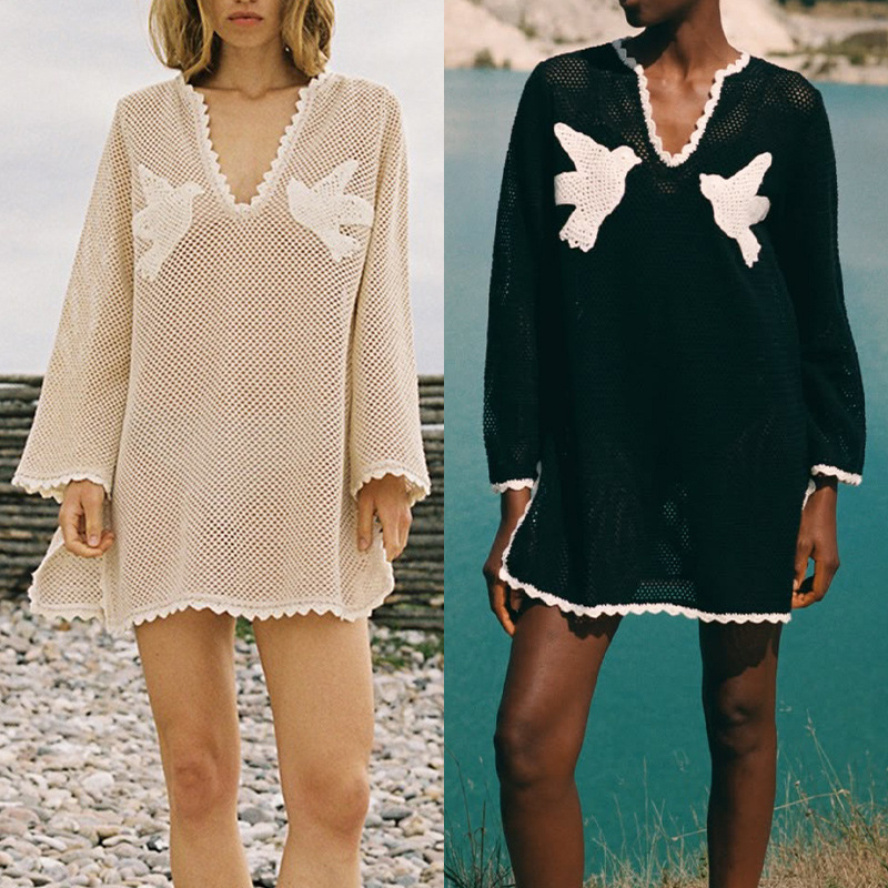 French-Style Niche 2026 Spring/Summer Modern Lazy Crochet Bird Jacquard Mesh Hollow Lace Dress 26271