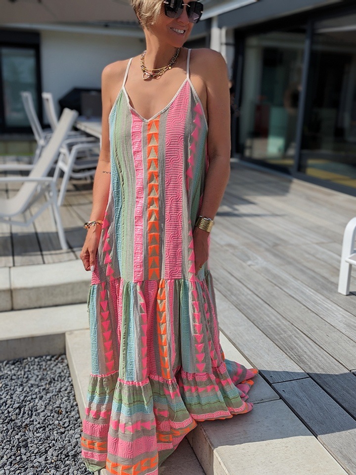 Summer Season Wholesale Women's Streetwear Printing Backless Geometric Travel Selfie V Neck Sleeveless Regular Dress