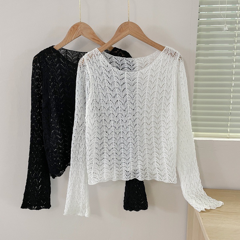 2025 moda verano nuevo estilo diseño de punto sentido versión coreana hueca todo fósforo fino jersey de manga larga camisa de protección solar top
