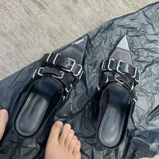 2025 New Niche High-End Pointed Toe Outer High-Heeled Slippers Metal Belt Buckle Retro Punk Wedge Sandals