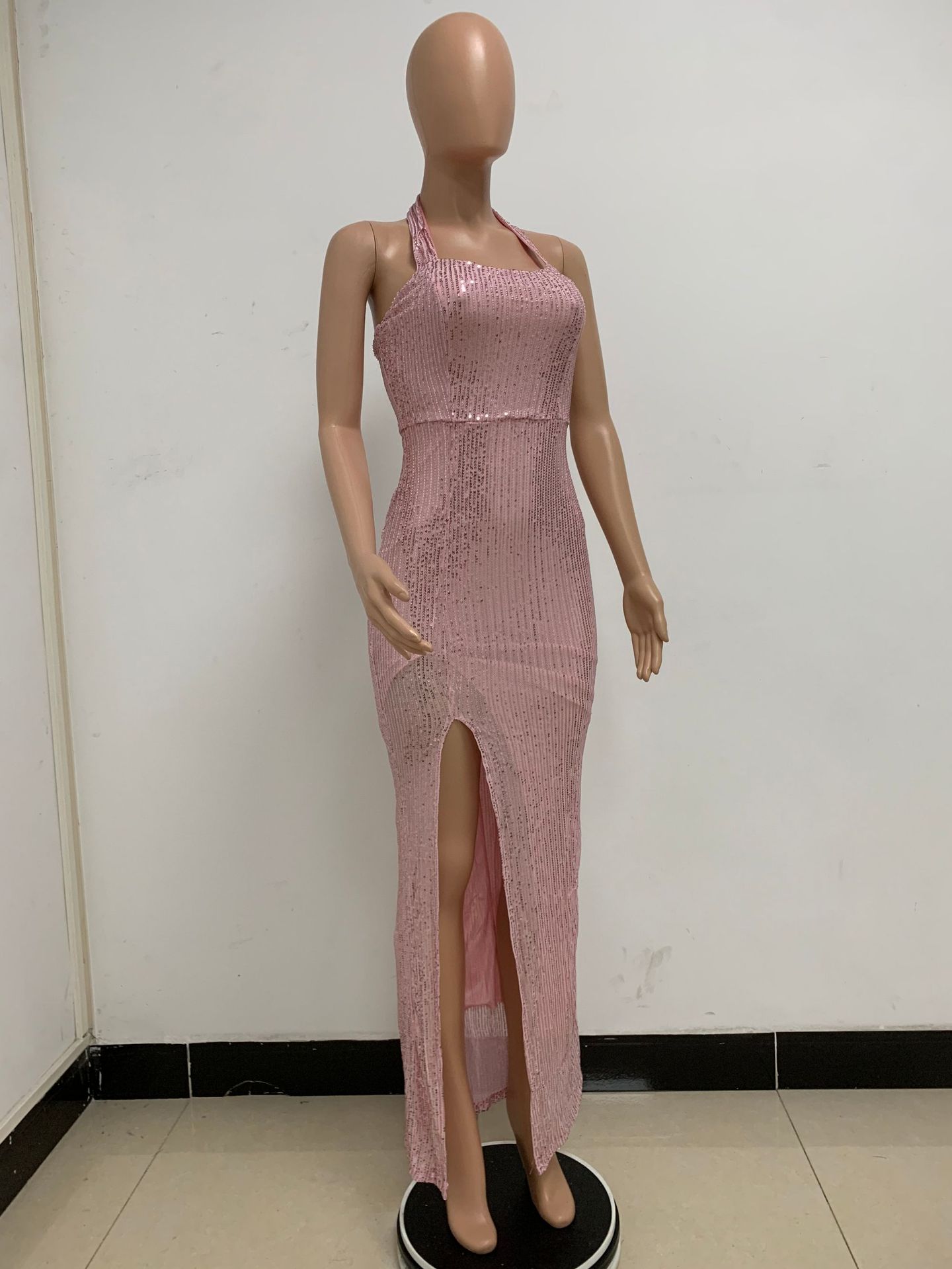 350g Weight Maxi Long Dress Dress Length Type Sleeveless Sleeve Length Party Dress Dresses Type Spandex, Polyester Fabric Type High Waist Waist Line Banquet, Party Occasion Halter Neck Neckline Slim Fit Type Solid Color Pattern Summer, Spring, Autumn Season Women's Gender Sequins Design Elegant, Sexy Style Wholesale Women's Elegant Sexy Sequins Solid Color Banquet Party Halter Neck Sleeveless Party Dress 66
