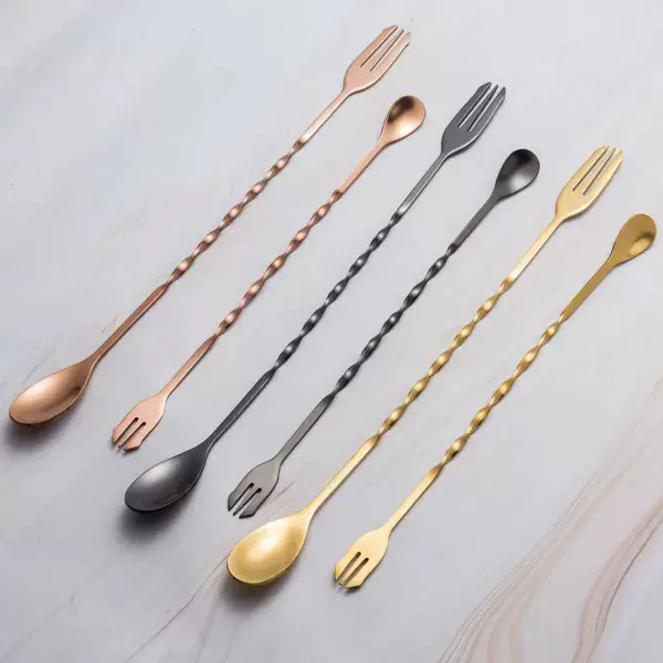 Mixing spoon 304 stainless steel long handle bar spoon ice spoon double-head dual-purpose mixing spoon fork long handle chicken tail Amazon