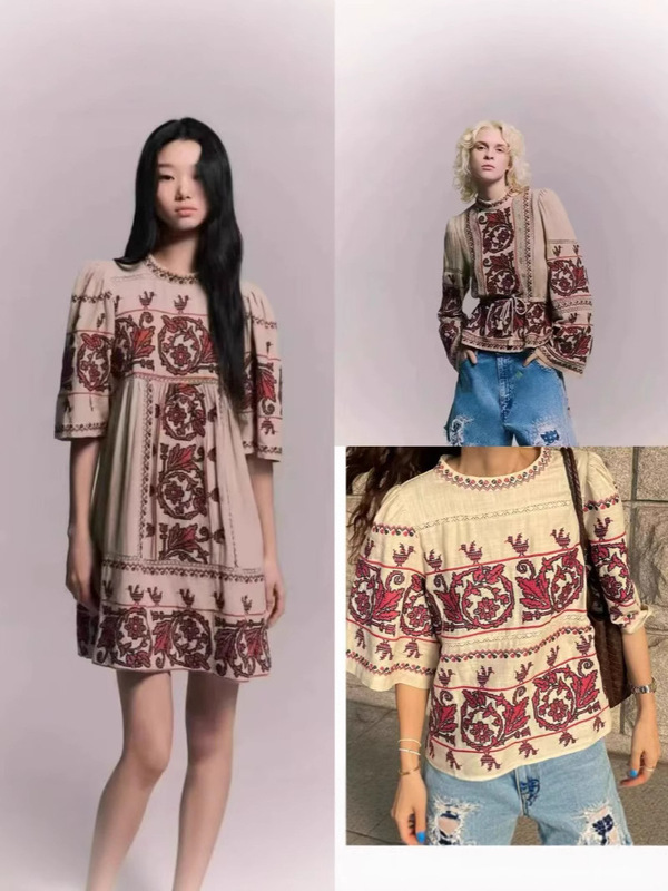 Retro Ethnic Style Cross Embroidered Lace Splicing Dress + Long-Sleeved Shirt + Short-Sleeved Top French Suit