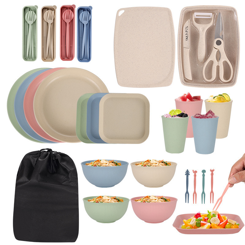 Cross-Border Amazon Wheat Straw Plate, Bowl, Cup, Knife, Fork, Spoon and Chopsticks, Outdoor Camping Tableware, Cutting Board, Knife Storage Set