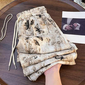 大码300斤复古别致独特蝴蝶水墨印花阔腿裤女夏季洋气减龄休闲裤