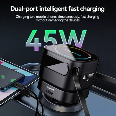 Cross-border new model car charger with ambient lighting, featuring a retractable cable, cigarette lighter socket, and window-breaking hammer – a four-in-one fast-charging car accessory