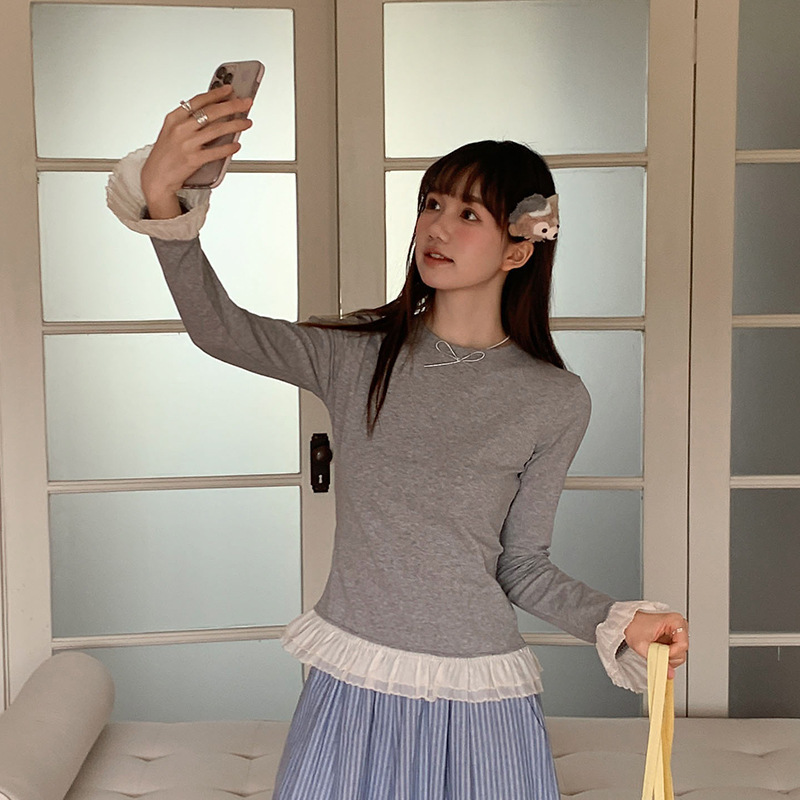 REAL SHOT # 女性用長袖Tシャツ2025新作蝶結びボトムシャツ、裾レーストップ付き、トレンディ|undefined