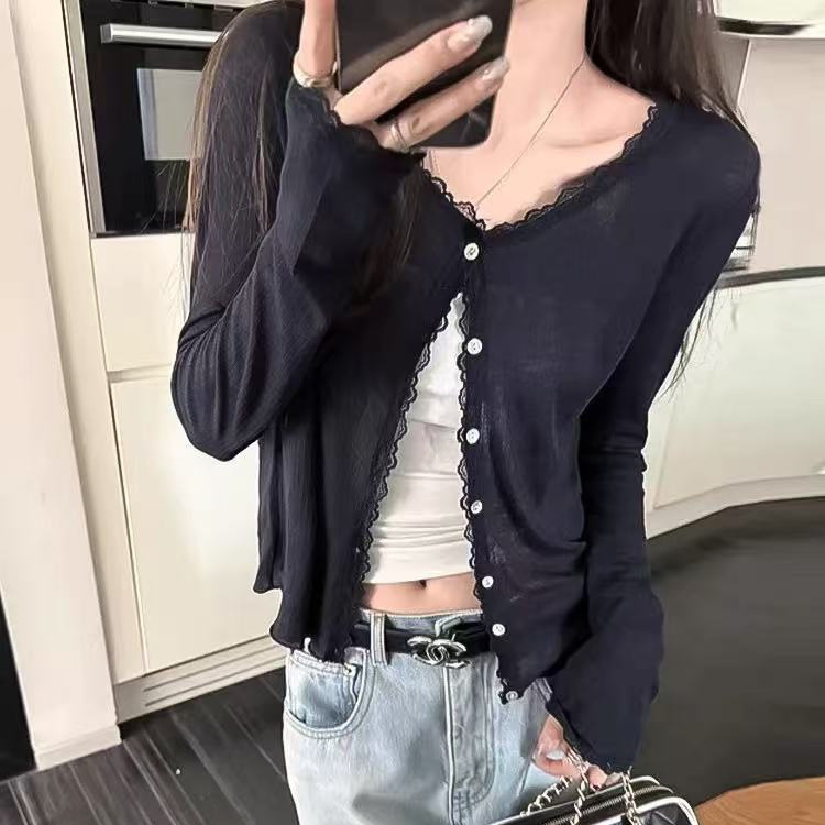 Lace Splicing Lace Soft Waxy Mask Sunscreen Knitted Cardigan Women's Summer New Sweet and Light Jacket Top Trendy