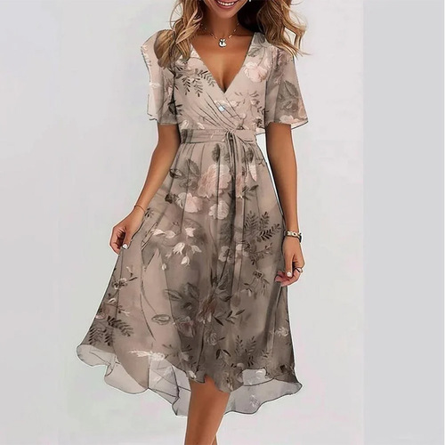 Relaxed and Elegant V-Neck Floral Print Hot Selling Printed Dress for E-commerce