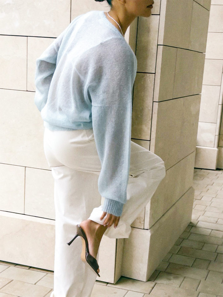 Áo cardigan dệt kim nữ cổ chữ V dáng rộng mỏng nhẹ — Màu xanh dương chi tiết 13