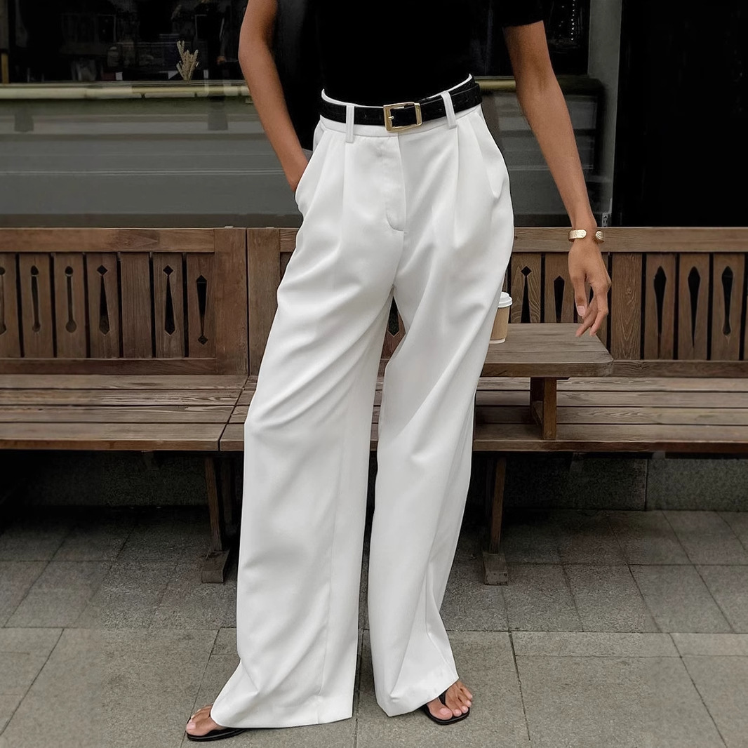 Pantalones de traje de estilo de viajero blanco europeo y americano, pantalones casuales de cintura alta de todo fósforo de moda femenina, pantalones de trapeador sencillos sueltos, transfronterizos