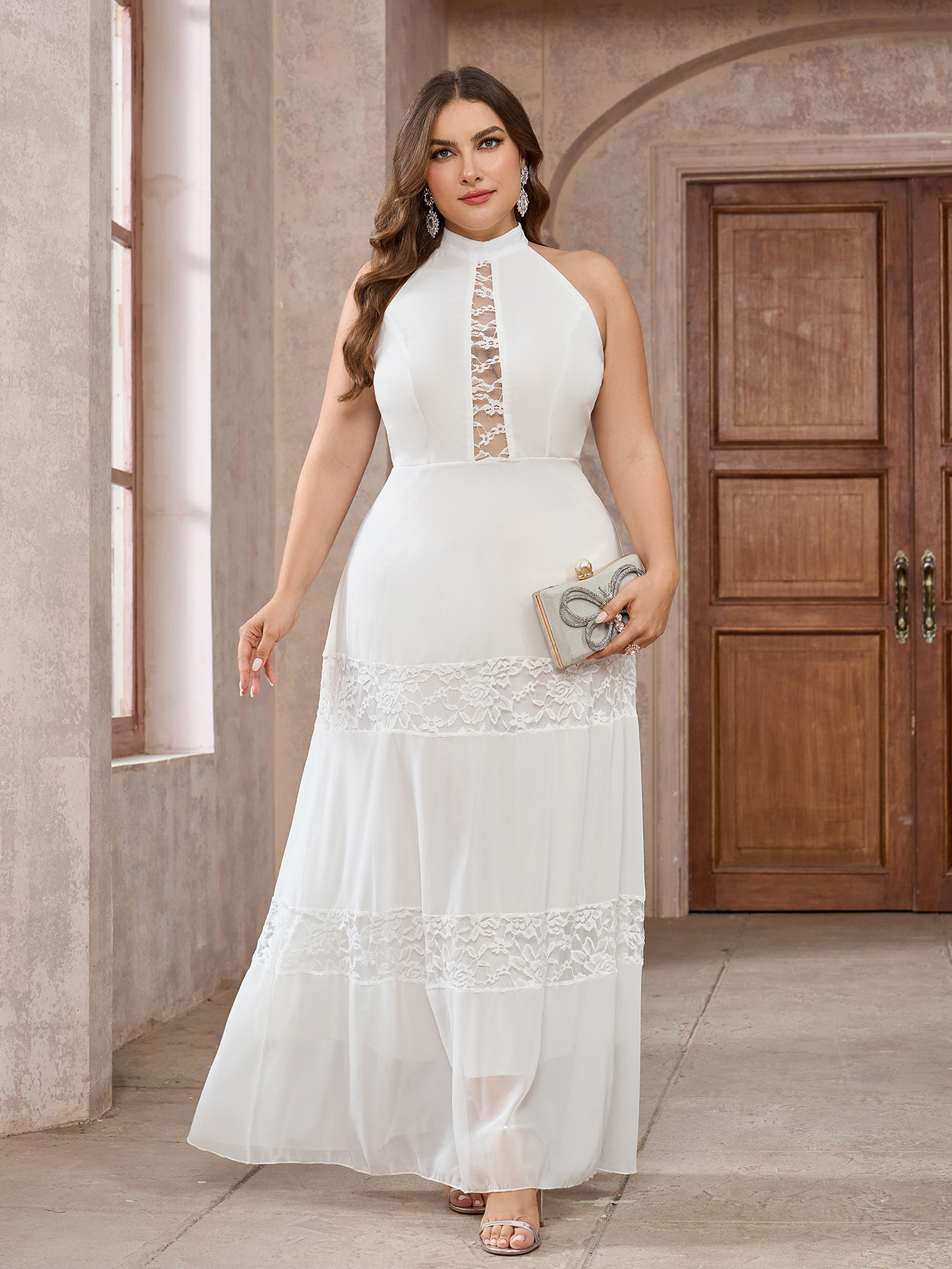 Vestido de talla grande Comercio exterior europeo y americano Nuevos productos Vestido de banquete de boda de color sólido de encaje de gasa sin mangas para mujer image 3