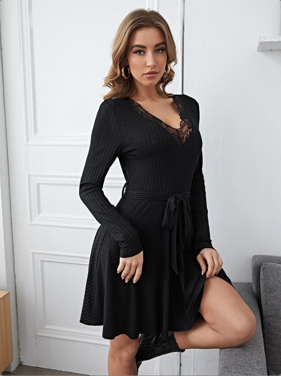 Black Lace Stitching V-Neck Lace-Up Short Dress NSGXY98570