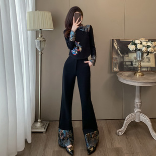 Chinese Style National Style Embroidery Leisure Sports suit Women's Autumn and Winter 2024 New Fashion Western Style Wide Leg Pants Two-piece Set