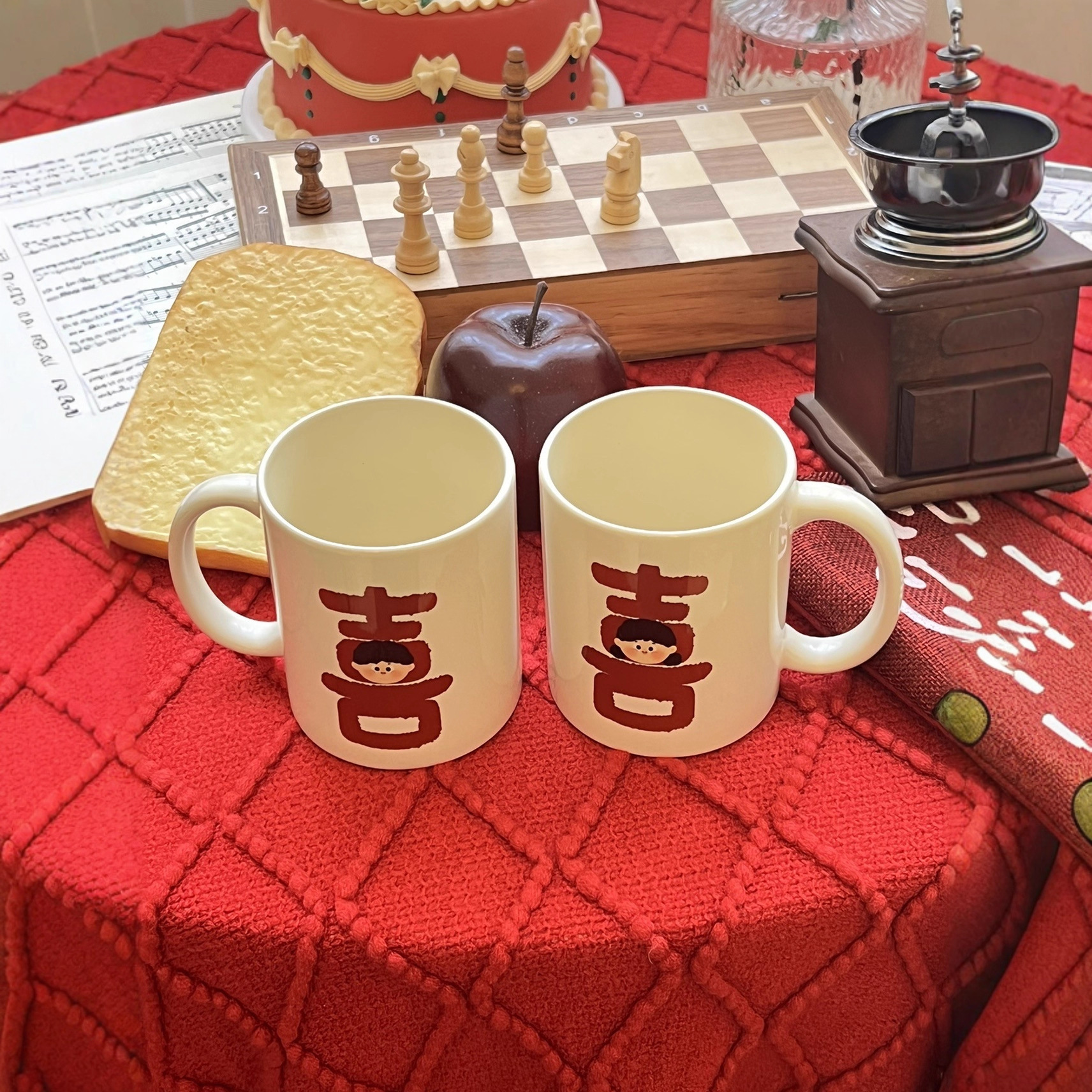 Double Happiness Character Mug Couple Water Cup Wedding Gift Milk Breakfast Ceramic Cup High Temperature Resistant Couple Style High Aesthetic Value