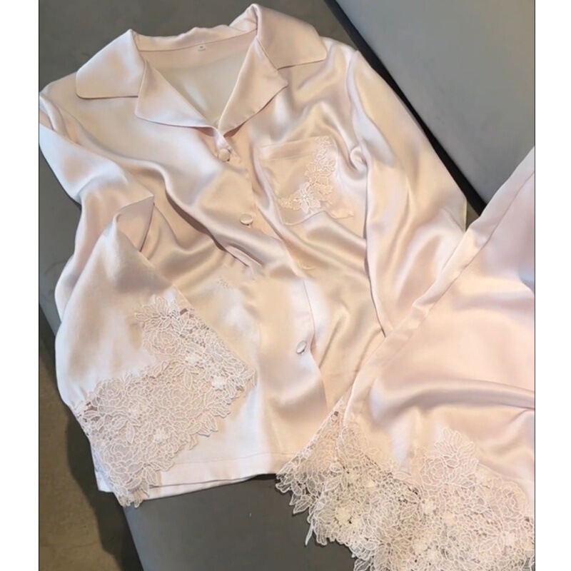 Plus-Size Women's 150kg Lace-Trimmed Ice Silk Pajamas Long-Sleeve Long-Pants Loungewear Set Gift for Best Friend Loungewear Air Conditioning