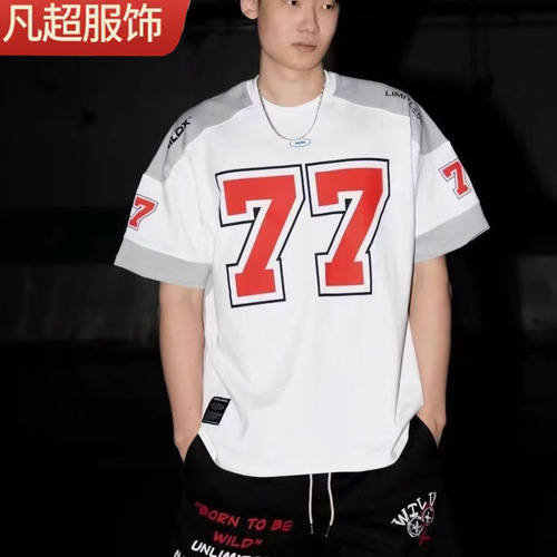 77 Ice Hockey Short Sleeve American Retro Sports High Street Casual Rugby Shirt Basketball Hip Hop T-Shirt European and American Style