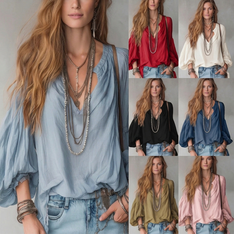 2026 European and American Cross-Border Autumn Women's Tops Bohemian Style Simple Casual Loose Long-Sleeved Shirt 2026 European and American Cross-Border Autumn Women's Tops Bohemian Style Simple Casual Loose Long-Sleeved Shirt