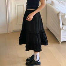 现货 韩国chic复古气质甜美减龄百搭木耳边松紧腰小个子半身裙女