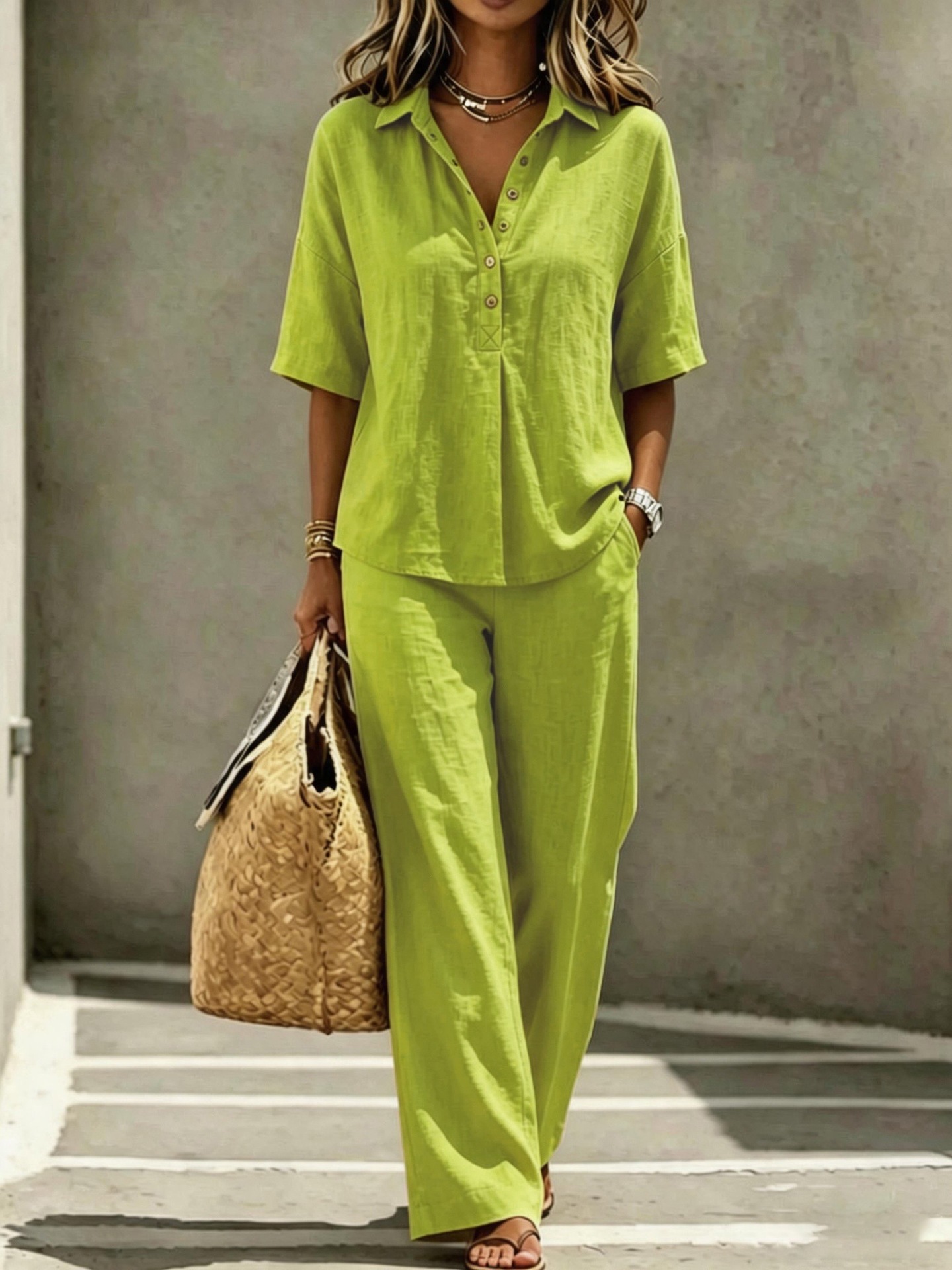 Women's Clothing Casual Loose Polo Collar Top Wide Leg Pants Two Piece Set_ecoleips.com