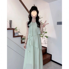 薄荷曼波风绿色拼接连衣裙女2025夏季新款长裙茶里茶气穿搭裙子潮