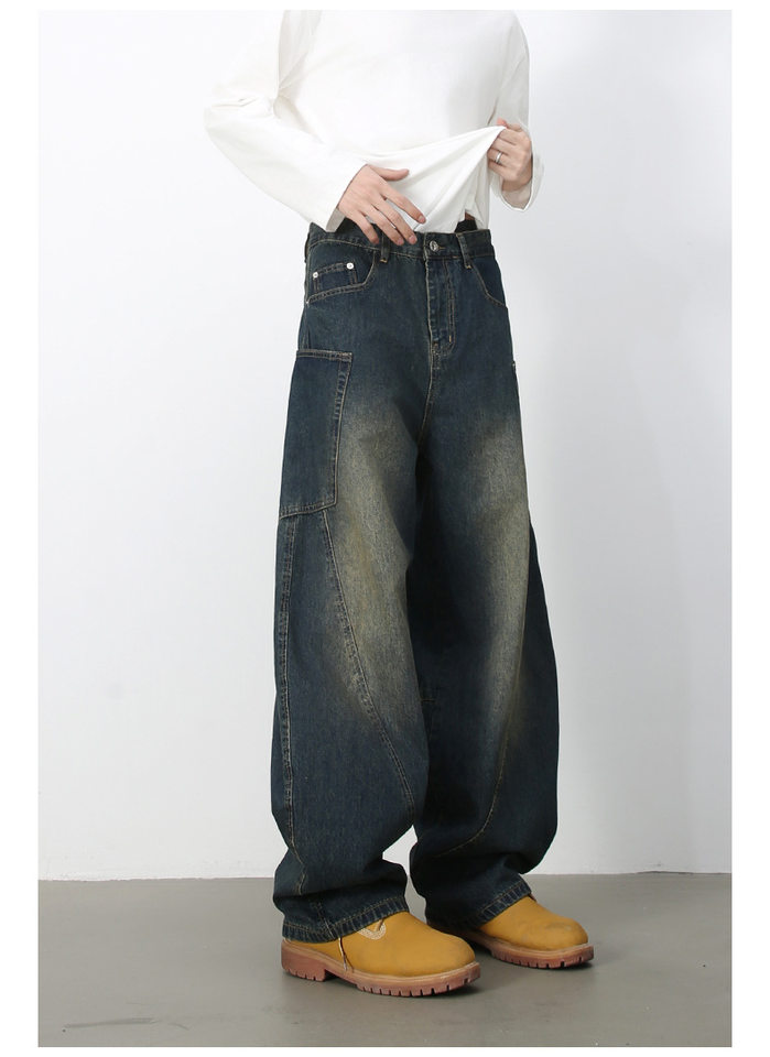 Quần jean nam ống rộng phong cách đường phố retro, nhiều túi hộp, dáng lỏng lẻo — Denim đen, Trắng, màu hồng, màu xanh chi tiết 30