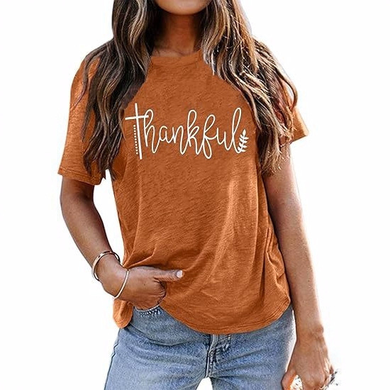 Spot Delivery 2025 European and American Cross-Border Women's Clothing Amazon Thanksgiving Hot Selling Printed T-Shirts