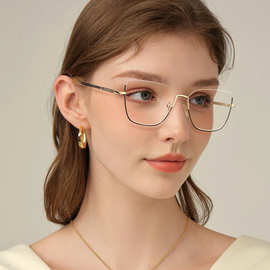 新款抖音同款金属猫眼半框平光镜女潮流细框眼镜框复古防蓝光眼镜