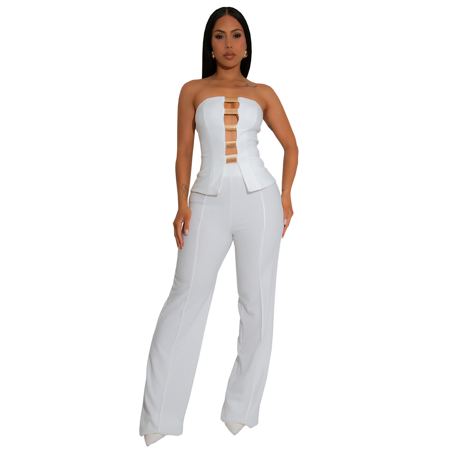 C7367 Cross-border AliExpress Amazon Ropa de mujer de moda europea y americana Top de tubo sexy Botón dorado Pantalones de brazo de dos piezas