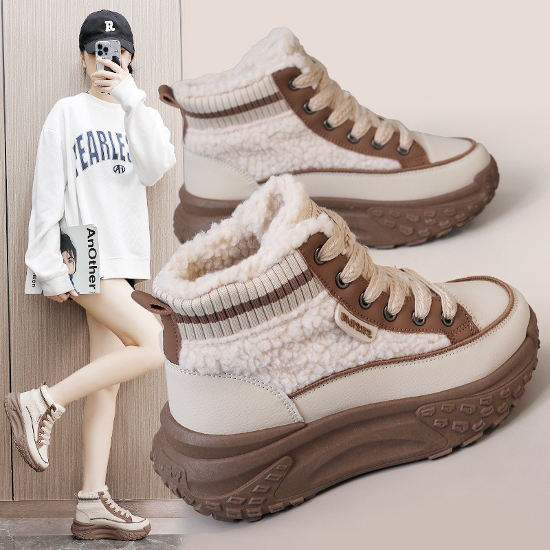 K6720新款2024秋冬季棉鞋厚底女鞋保暖高帮拼色加绒增高简约学生