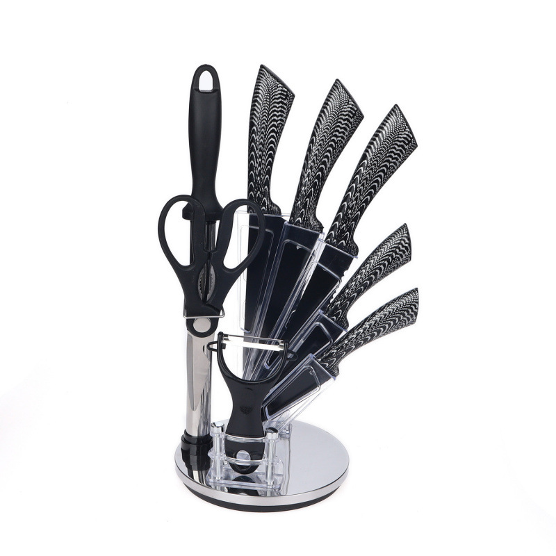 Fábrica transfronteriza spot de cuchillo doméstico cuchillo conjunto de nueve piezas mango de rayas blancas y negras conjunto acrílico asiento