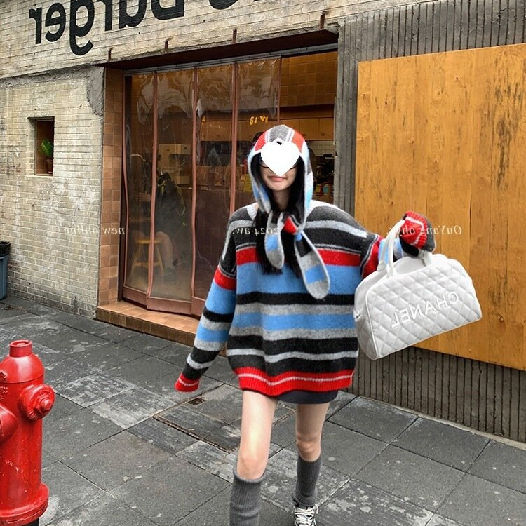 Ouyang Detachable Hooded Striped Sweater for Women, Winter Loose Lazy Style Knit Retro Round Neck Top