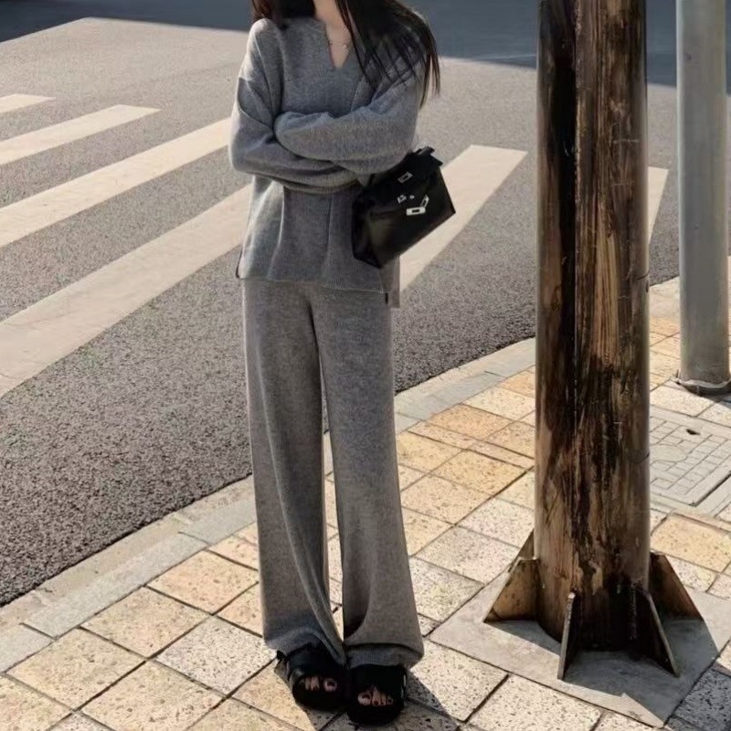 欧美跨境慵懒系穿搭针织套装秋冬新款高级感时尚毛衣阔腿裤两件套|undefined