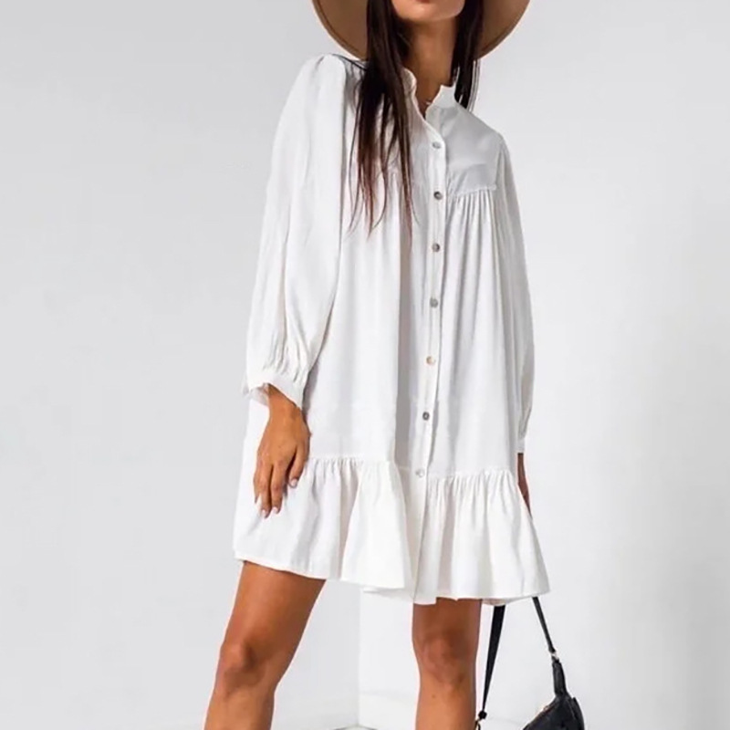 long-sleeved single-breasted ruffled loose dress NSHZ47204