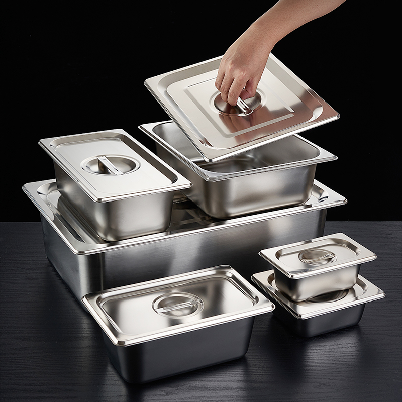 Stainless Steel Basin Rectangular Portion Basin with Lid Square Basin Fraction Plate Fast Food Cart Box Meal Basin Milk Tea Shop Jam Box