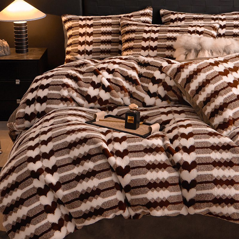 Invierno engrosado cama de peluche de conejo cuatro piezas leche de coral sábanas de cama de lujo ligero sensación de alto nivel