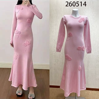 SP家260514早秋新款3D立体玫瑰花朵修身鱼尾下摆长袖针织连衣裙女