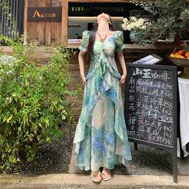 法式气质甜美风晕染连衣裙女夏季度假风超仙绝美收腰显瘦垂感长裙